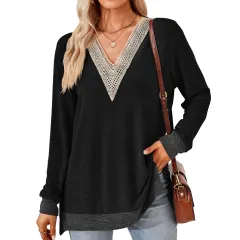 Women's Fashion V-neck Lace Solid Colour Loose-fitting T-shirt Top - Black - View 1