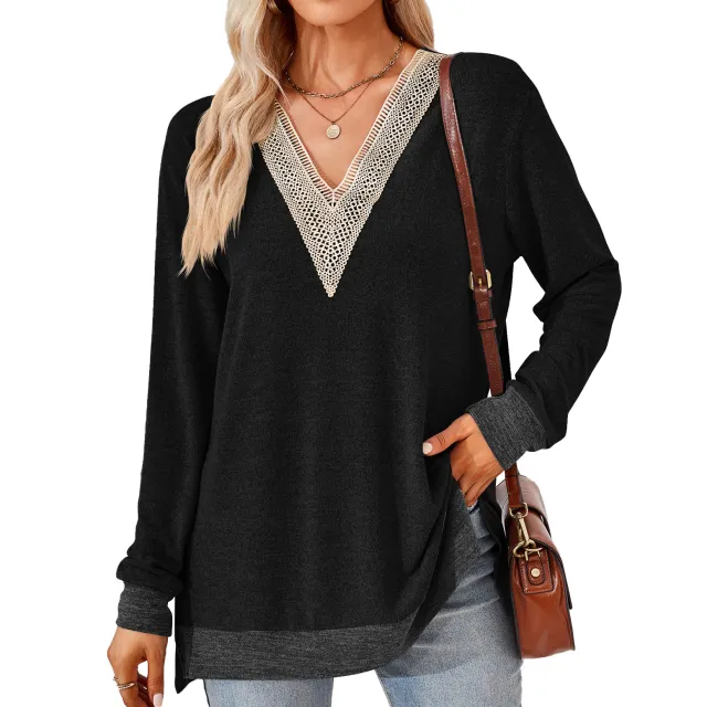 Women's Fashion V neck Lace Solid Color Loose fitting T shirt Top Black - Shop at LoveMi