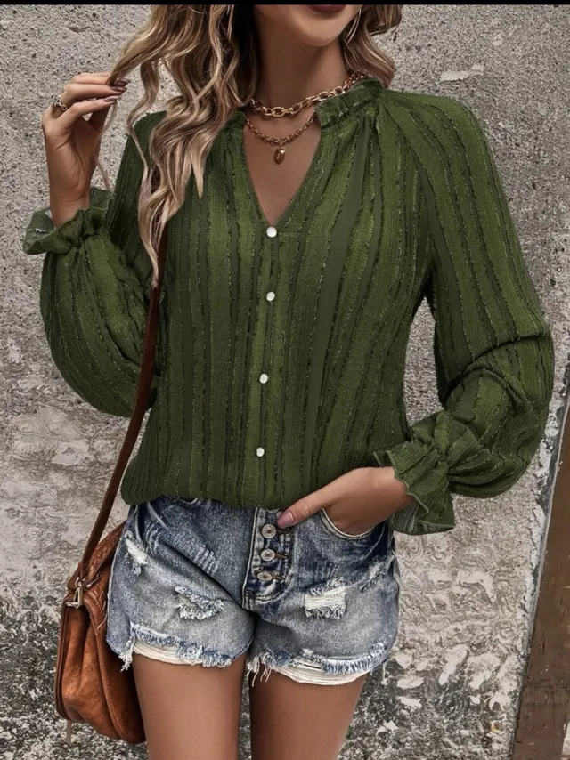 Half open Collar Single breasted Ruffle Sleeve Striped Shirt Green - Shop at LoveMi