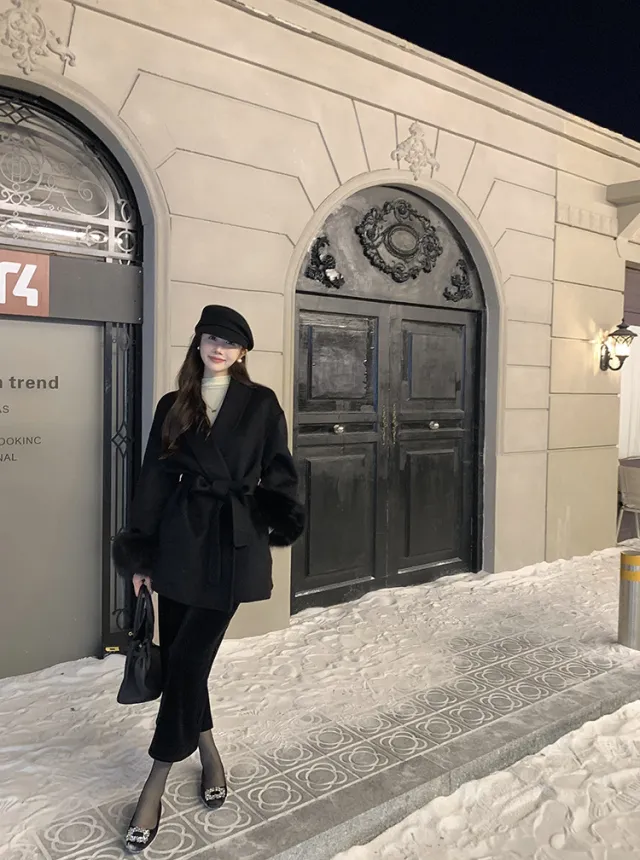 Cuff Detachable Fox Fur Elegant Double sided Cashmere Coat Short Black - Shop at LoveMi