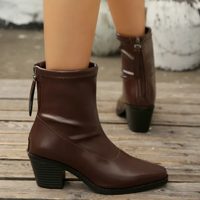 European And American Pointed Toe Chunky Heel Martin Boots Brown - Shop at LoveMi