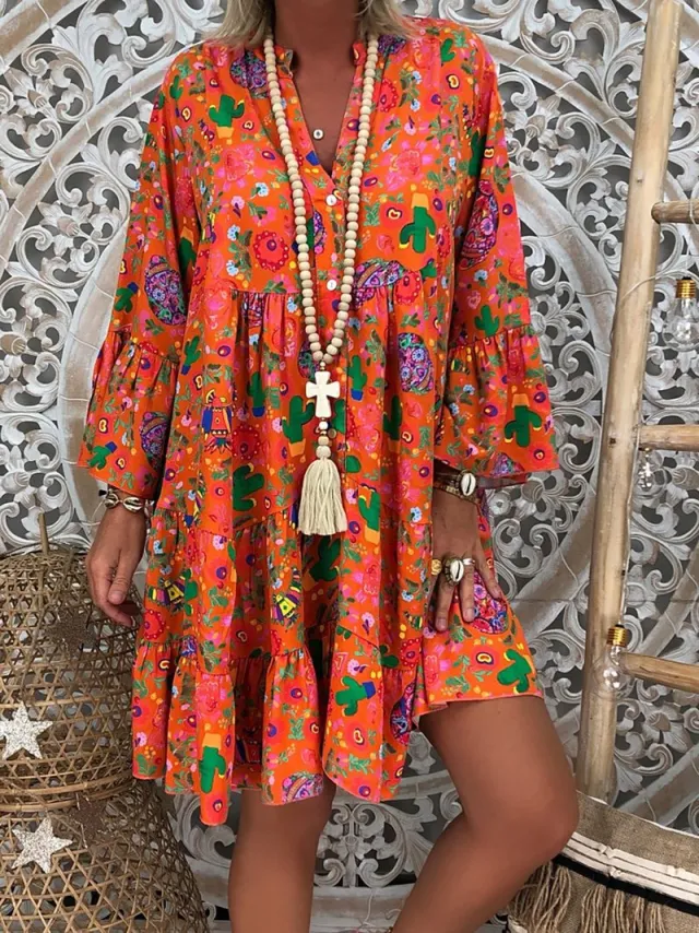 Printed Pointed Collar Button Ruffled Loose Dress Orange - Shop at LoveMi