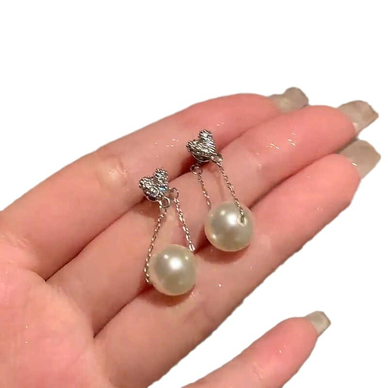 Simple Fully Jeweled Loving Heart Pearl Pendant Earrings