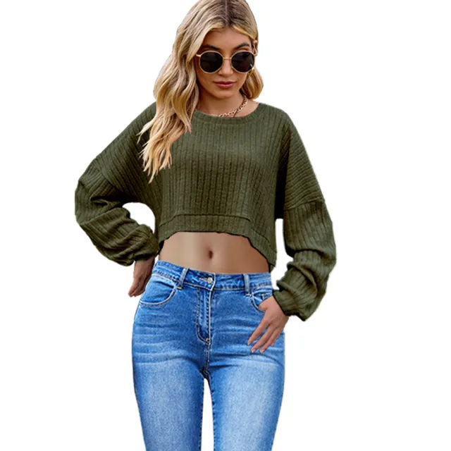 European And American Brushed Sunken Stripe Knitted Midriff baring Long Sleeve Short T Women's Top Dark Green - Shop at LoveMi