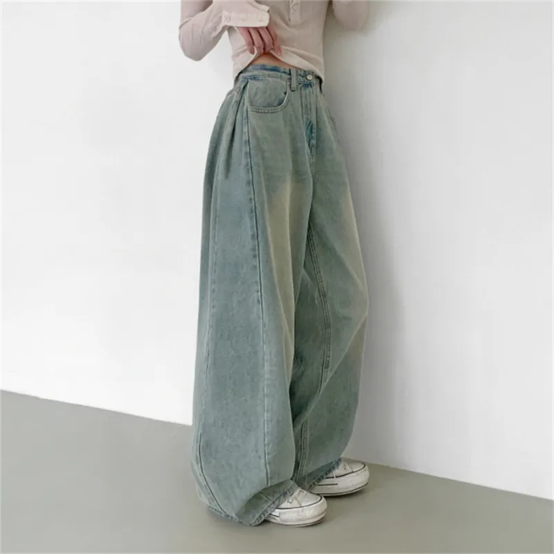 Retro High Waist Loose Straight Jeans For Women - Light Blue