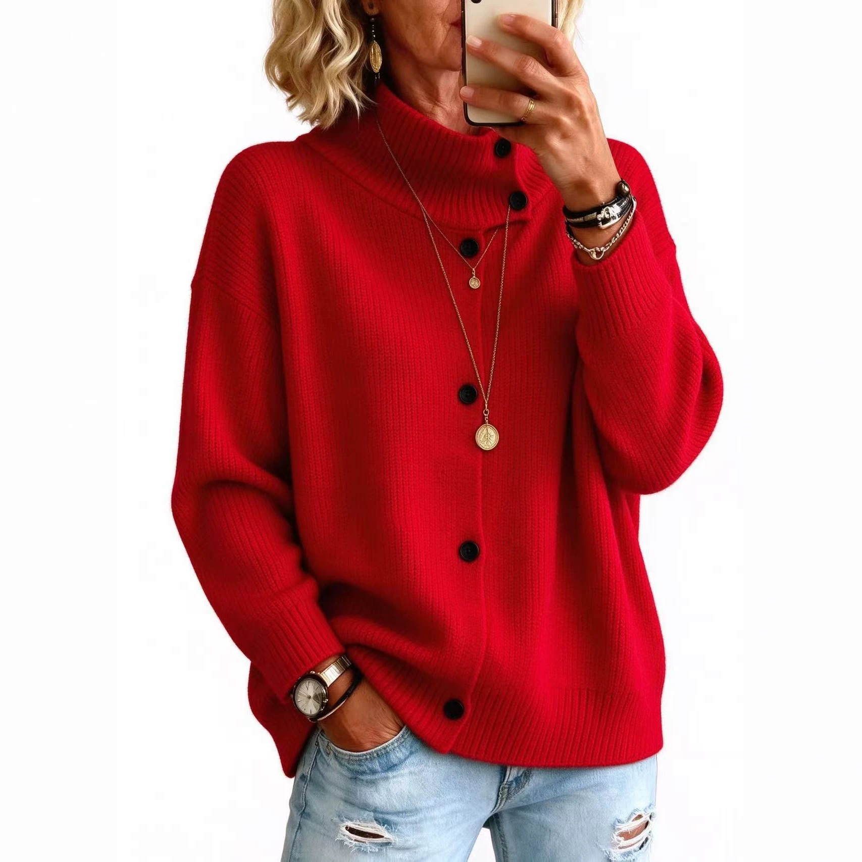 Pentru femei Toamna Iarna Stand-Collar Button-Down Loose Knit Cardigan