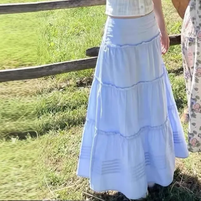 Women's High Waist Stitching A Line Skirt Light Blue Skirt - Shop at LoveMi
