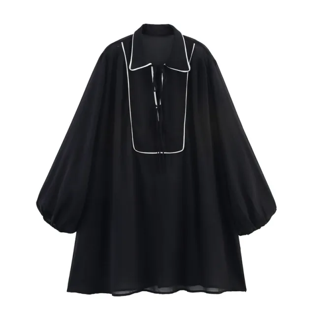 European American And French Style Doll Collar Color Matching Lantern Sleeve Skirt - Shop at LoveMi