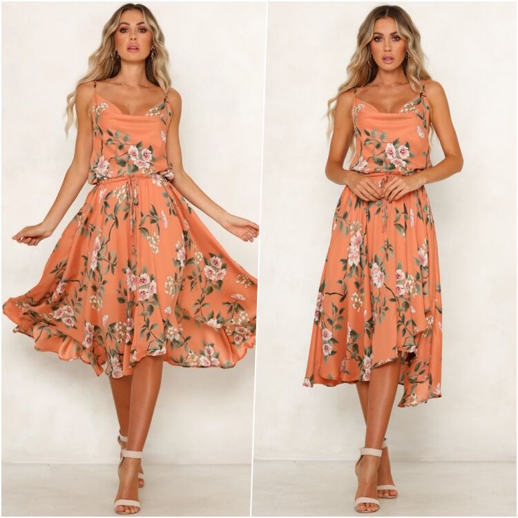 Womens Loose-Fit Sleeveless Printed V-Neck Dress