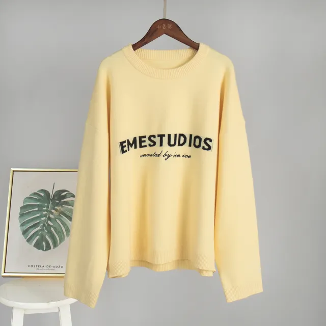 Knitted Pullover Loose Embroidered Sweater For Women Yellow - Shop at LoveMi