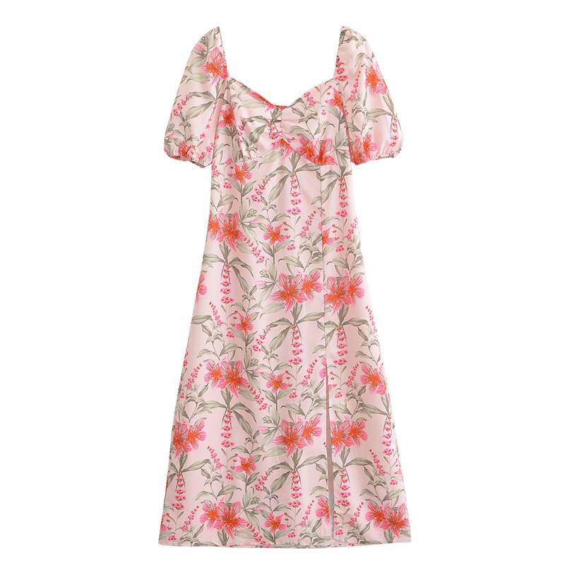 Women's Casual Simple Floral Print Slit Short Sleeve Dress Picture Color - Shop at LoveMi