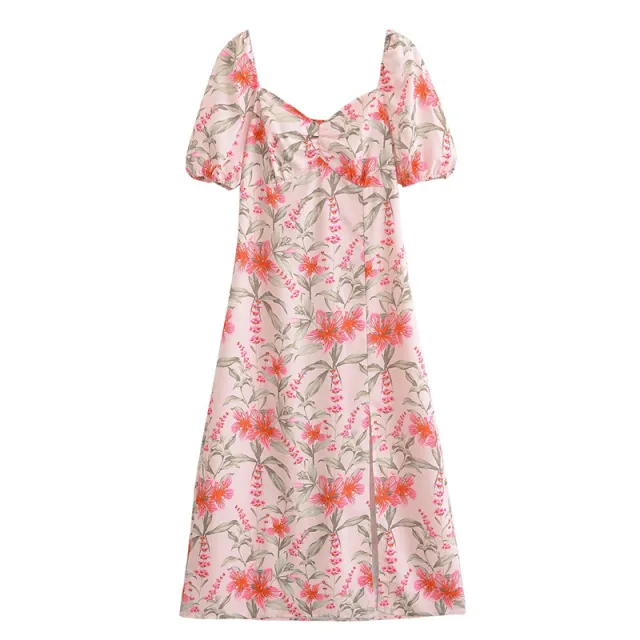Women's Casual Simple Floral Print Slit Short Sleeve Dress - Shop at LoveMi