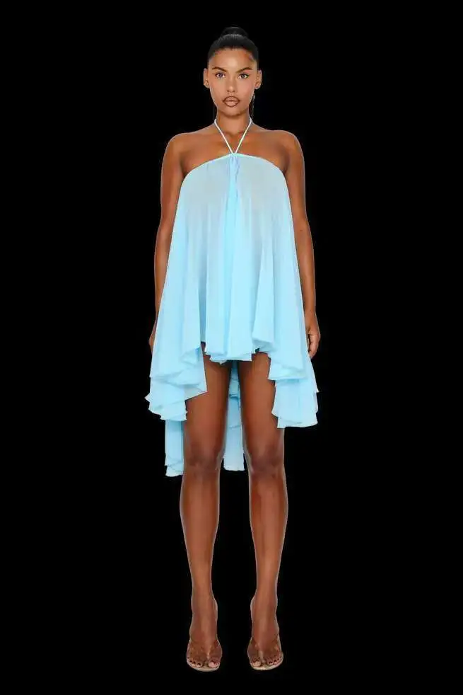Halter Tube Top Loose Short Dress - Blue A700Ds