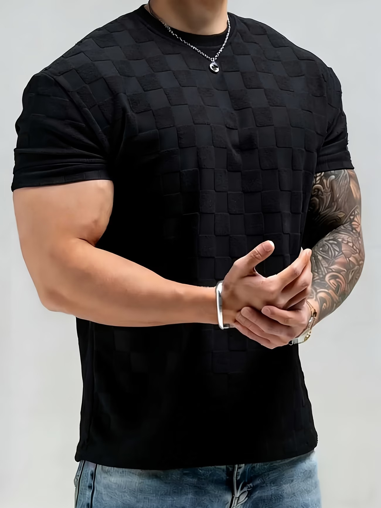 Mens Summer Checkerboard Jacquard Short-Sleeve Shirt