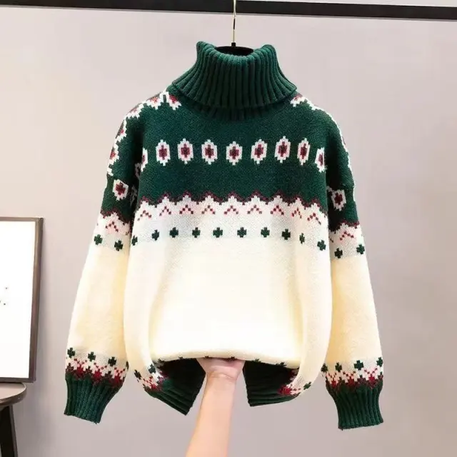 Loose Christmas Turtleneck Female Knitting Sweater Green - Shop at LoveMi