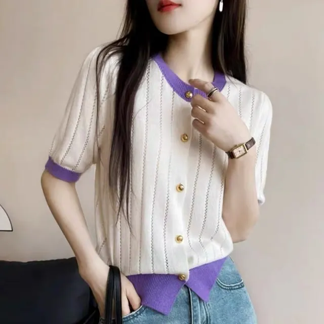 High grade Classic Style Contrast Color Short sleeved Knitted Sweater White - Shop at LoveMi
