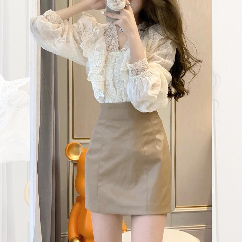 Korean-style Womens Lace Ruffled Puff Sleeves