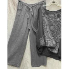 Women's Printed Round Neck Short-sleeved Top Straight-leg Pants Two-piece Set - Gray - View 1