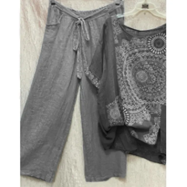 Women's Printed Round Neck Short sleeved Top Straight leg Pants Two piece Set Gray - Shop at LoveMi