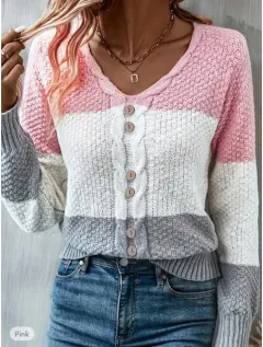 V-neck Long Sleeve Fake Button Colored Pullover Knitwear Top - Color - View 1