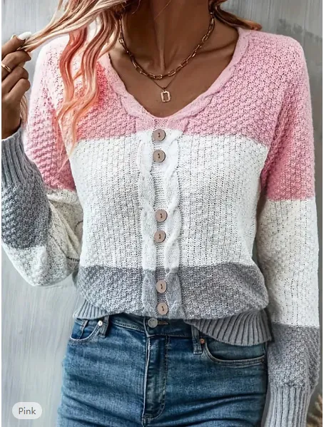 V neck Long Sleeve Fake Button Colored Pullover Knitwear Top Color - Shop at LoveMi