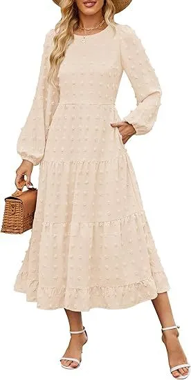 Autumn Long Sleeve Dress Casual Round Neck Beige - Shop at LoveMi