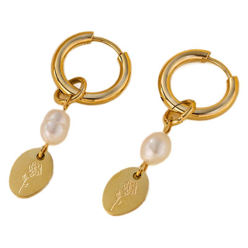 INS Pearl Flower Tag Titanium Steel Earrings For Women