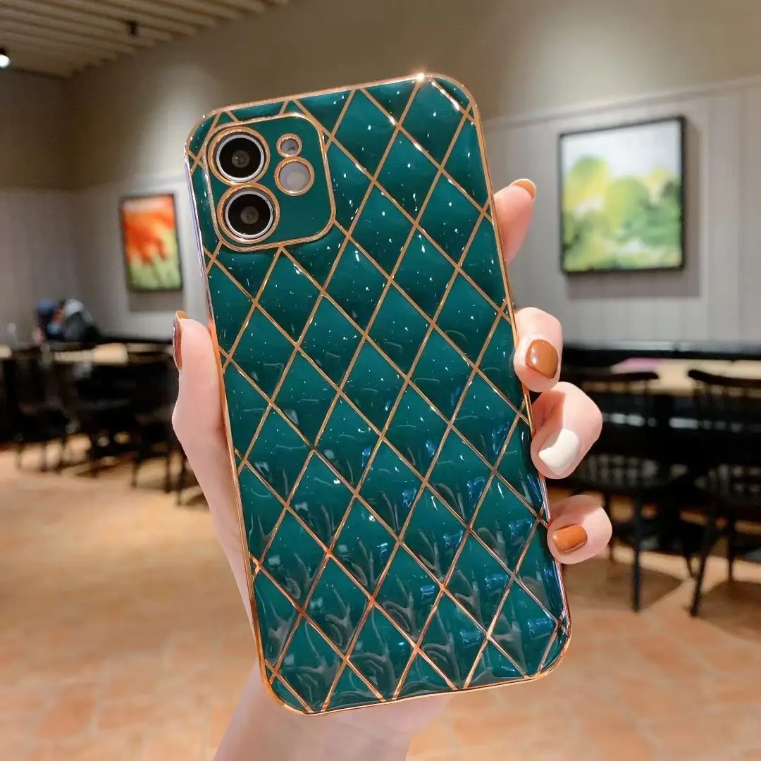 Electroplated Diamond Pattern Drop-resistant Classic Style Lambskin Phone Case