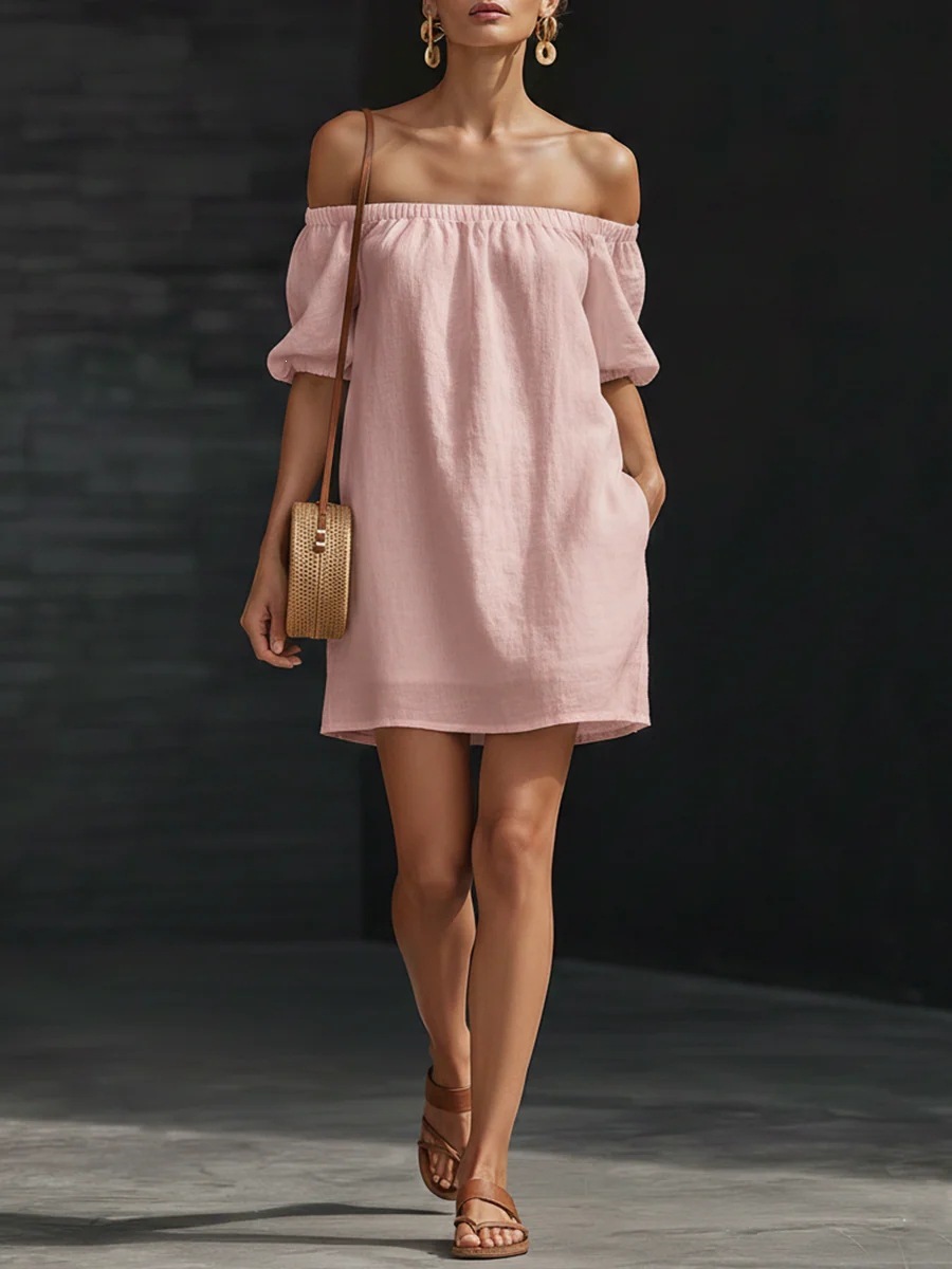 Women's cotton-linen mini dress in yellow, casual summer lifestyle photo