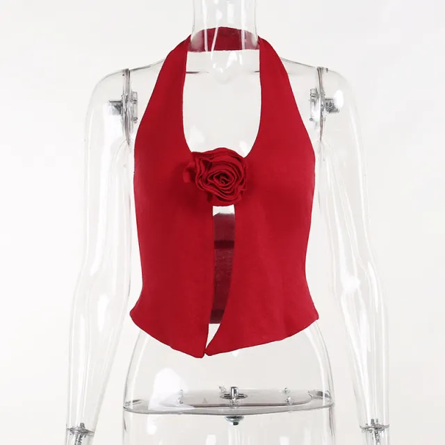 Flower Halter Knitted Vest Top Red - Shop at LoveMi