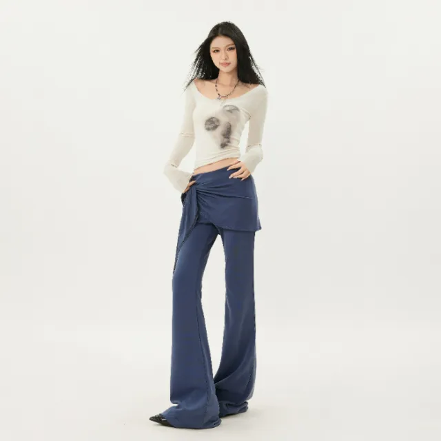 Casual Low Waist Slim Fit Bell bottom Pants Sky Blue Lengthened - Shop at LoveMi