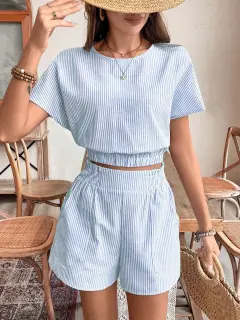 Summer Stripes Printed Batwing Sleeve Short Top And Shorts - Blue - View 1