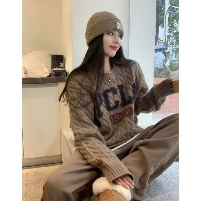 Idle Style Milk Huhu Soft Glutinous Wind Cable knit Sweater Brown - Shop at LoveMi