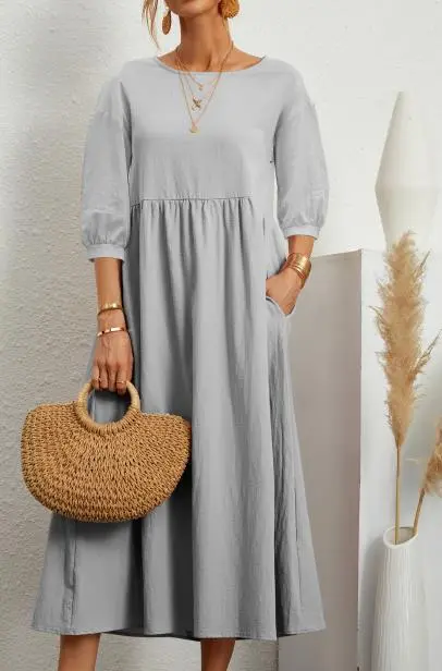 Lantern Sleeve Loose Cotton And Linen Pocket Dress Silver - Shop at LoveMi