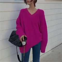 New Gentle Soft Glutinous Sweater Women's V-neck Imitated Mink - Rose Red - View 1