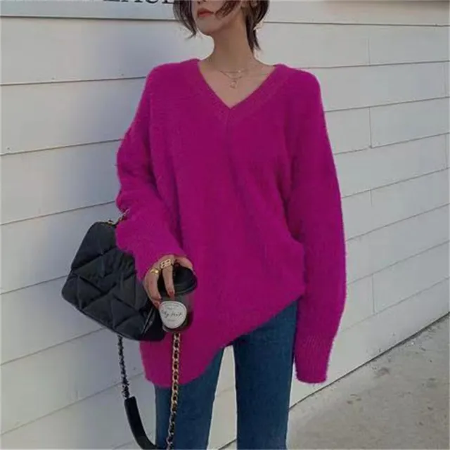 New Gentle Soft Glutinous Sweater Women's V neck Imitated Mink Rose Red - Shop at LoveMi