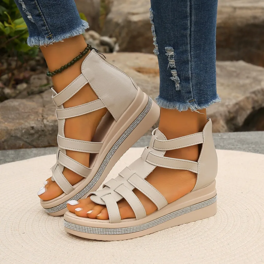 Summer Women's Wedge Rhinestone Platform Sandals - Beige
