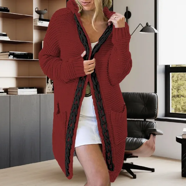 Women's Contrast Color Twist Pocket Cardigan Knitted Sweater Coat Black Rope Wine Red - Shop at LoveMi