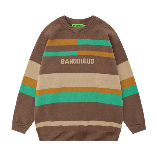 Women's Contrast Striped Loose Sweater Brown - Shop at LoveMi