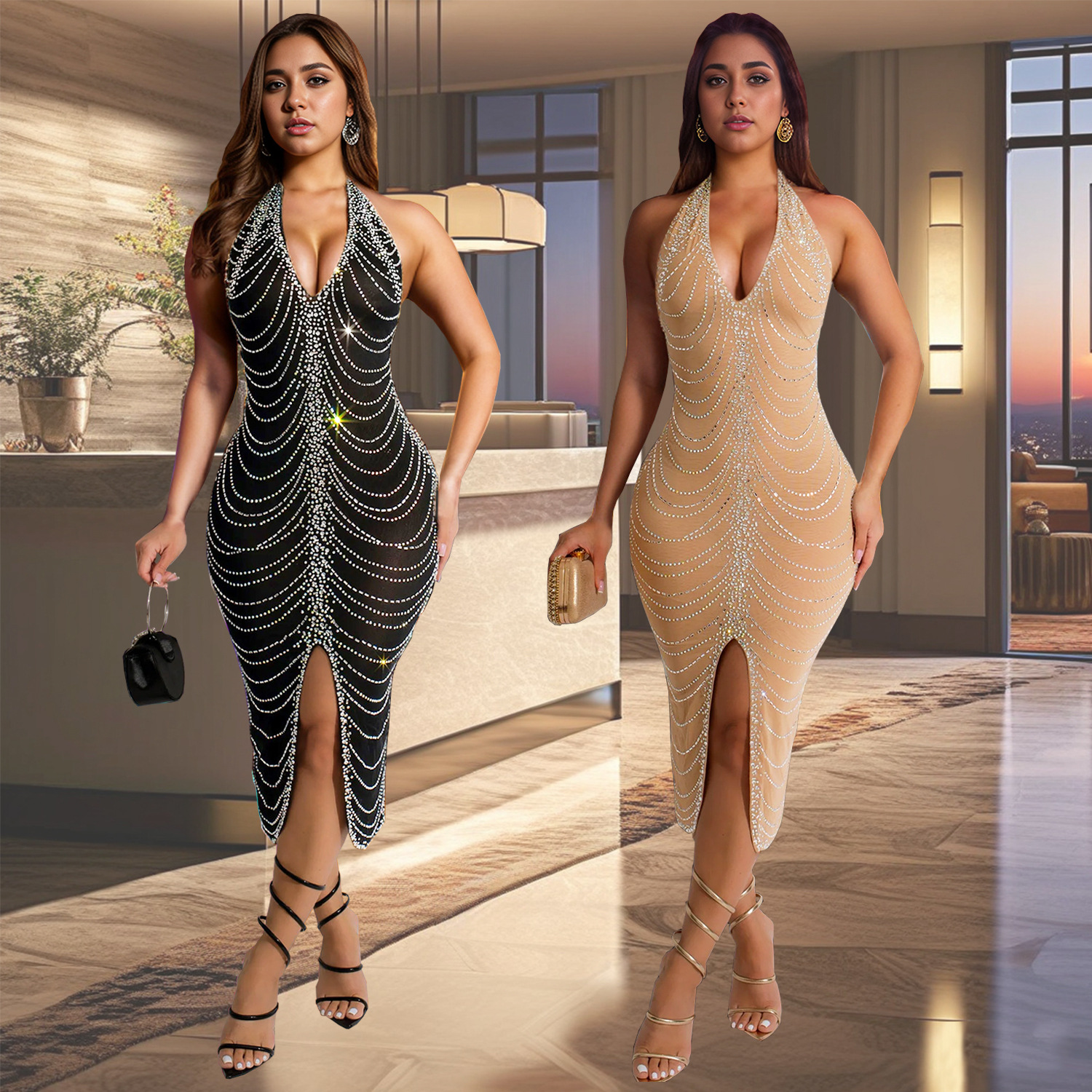 European And American Fashion Rhinestone Slim Fit Dress