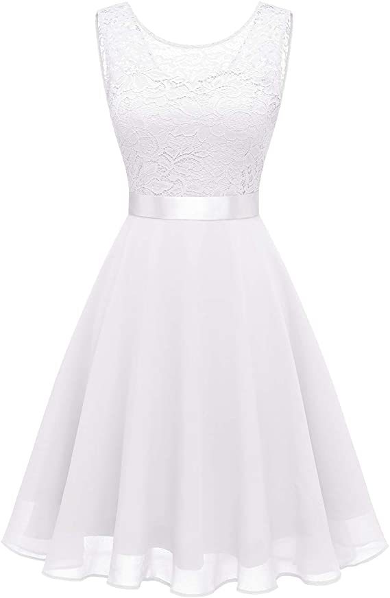 European And American Hollow Waist tight Solid Color Sleeveless Lace Hepburn Dress White - Shop at LoveMi