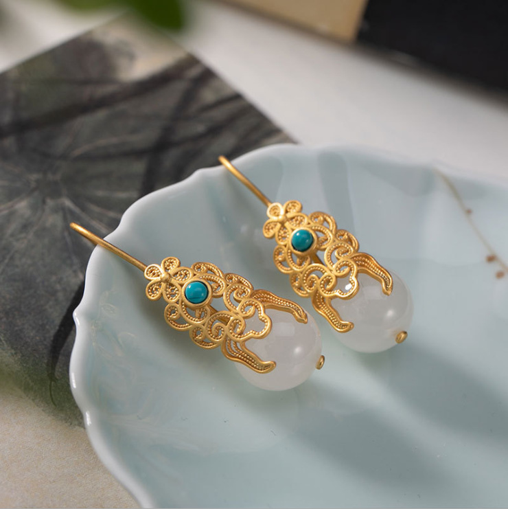 Natural Hetian Jade Stud Earrings Inlaid Turquoise