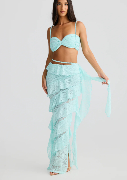 Beach Vacation Style Pure Desire Suit Women's Lace Sheath Skirt Light Blue - Shop at LoveMi