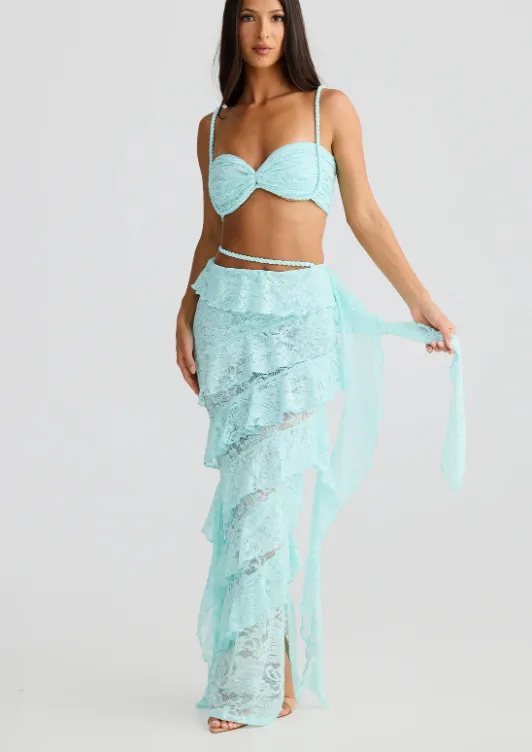 Beach Vacation Style Pure Desire Suit Women's Lace Sheath Skirt - Light Blue