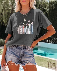Summer New Book Flower T-shirt Cute Fashion Round Neck Pullover - Graphite Color-M - View 1