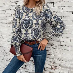 Printed Lantern Sleeve Round Neck Tied Shirt Top - Navy Blue - View 1