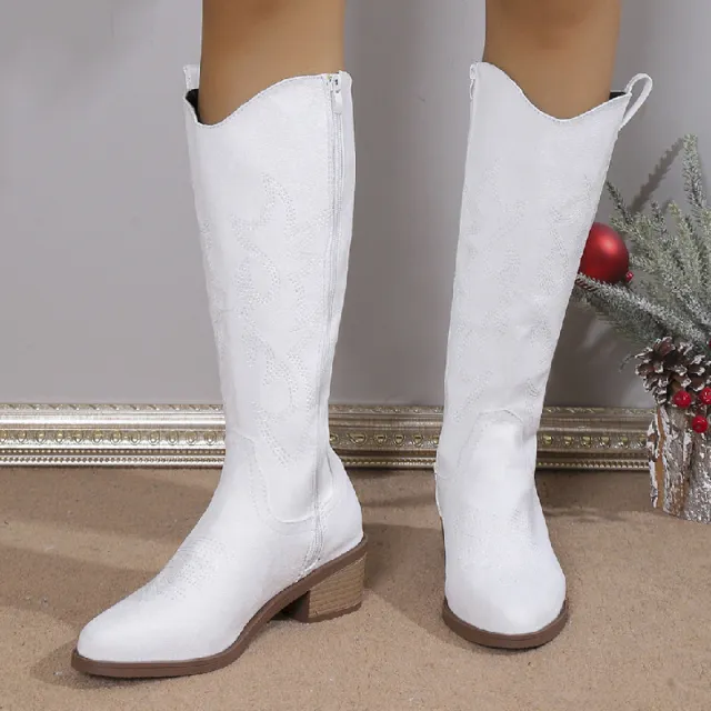 Women's Embroidered Round Head Chunky Heel Boots Red - Shop at LoveMi