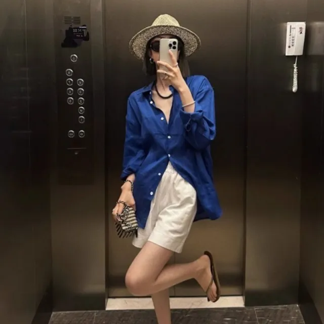 Long Linen Sleeves Thin Shirt Outer Sun Top Blue - Shop at LoveMi