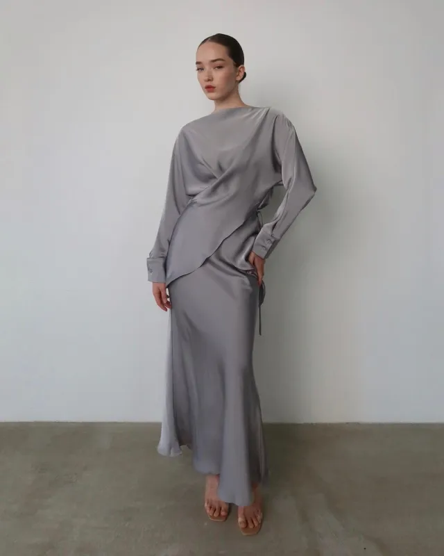 New Product Set Women's Long sleeved Lace up Top And Skirt Two piece Set Gray - Shop at LoveMi
