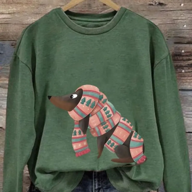 Round Neck Print Sweatshirt Autumn And Winter Casual Versatile Long Sleeves Women - Green